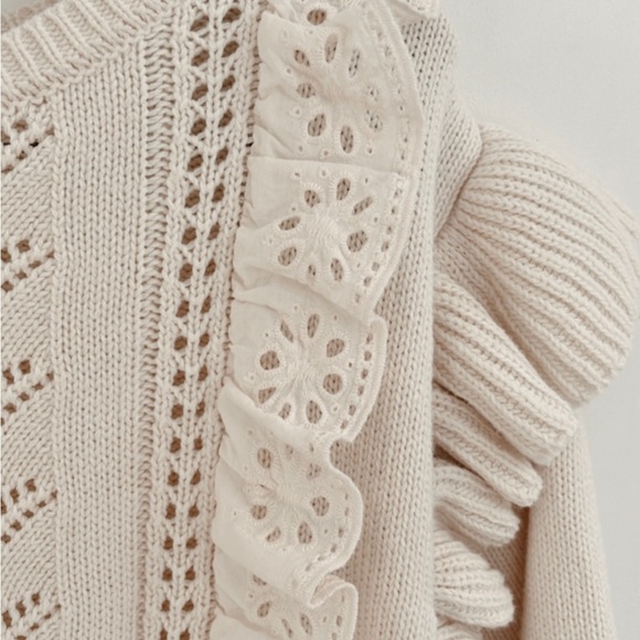 Lauren Conrad Eyelet Lace Knit Ruffles Crochet Short Sleeve Sweater Neutral XXL - Picture 3 of 13
